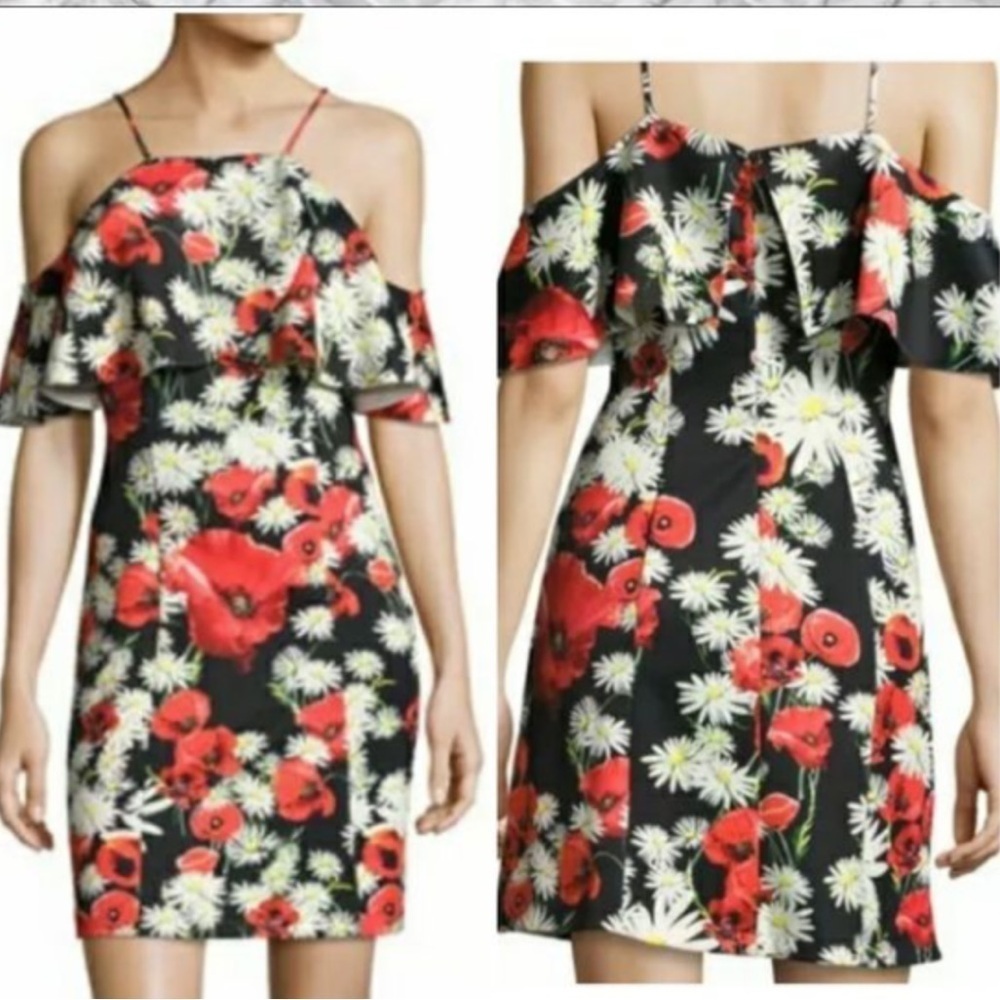 Alexia Admor Sz 4 Poppies and daisies print cold shoulder fit silhouette dress